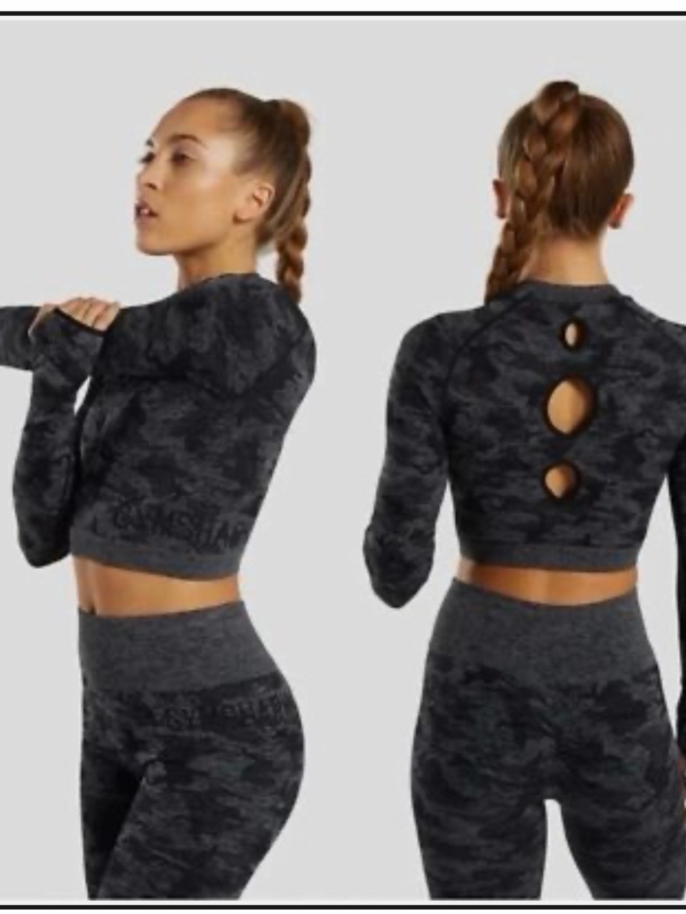 Gymshark Black & Gray Camo Long-Sleeve Crop Top
